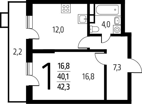 1-комнатная квартира без отделки, 42.3 м2, 2 этаж, сдача 1 квартал 2025 г., ЖК Новые Ватутинки. Заречный, корпус 5/3 - объявление 2271994 - фото №1