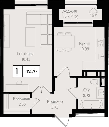 1-комнатная квартира без отделки, 43.44 м2, 11 этаж, сдача 3 квартал 2024 г., ЖК Преображенская площадь, корпус 1 - объявление 2266087 - фото №1
