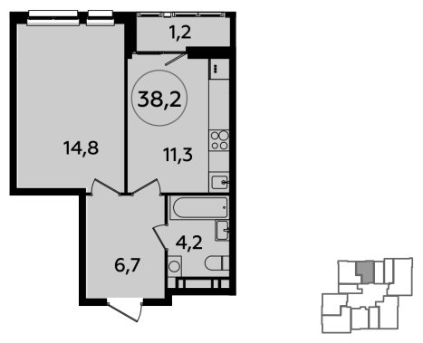 1-комнатная квартира без отделки, 38.2 м2, 18 этаж, сдача 1 квартал 2024 г., ЖК Южные сады, корпус 1.4 - объявление 1512577 - фото №1