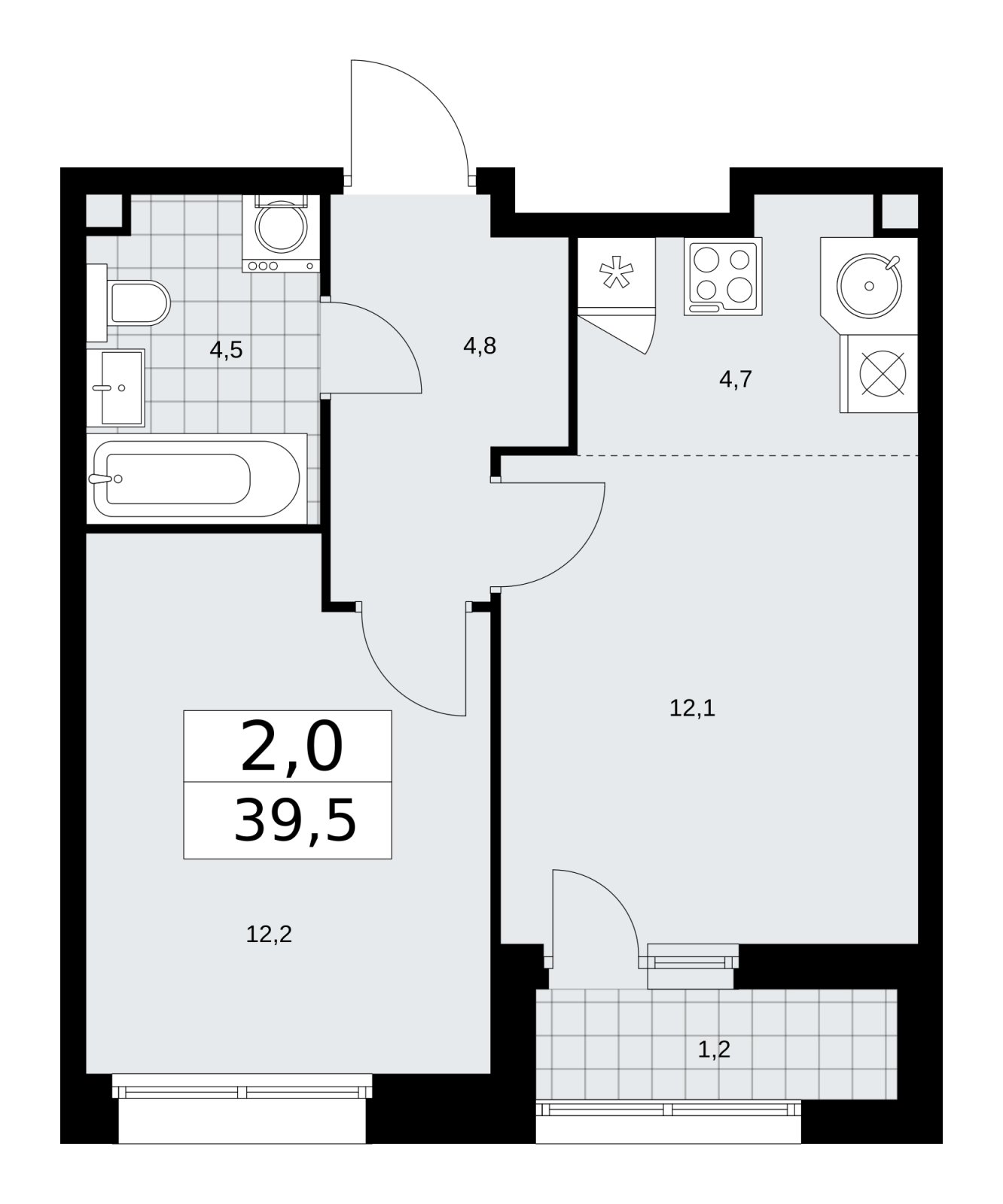 2-комнатная квартира (евро) с частичной отделкой, 39.5 м2, 2 этаж, сдача 1 квартал 2026 г., ЖК Бунинские кварталы, корпус 6.3 - объявление 2252610 - фото №1