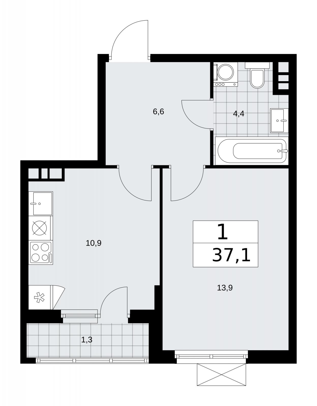 1-комнатная квартира с частичной отделкой, 37.1 м2, 5 этаж, сдача 2 квартал 2026 г., ЖК Прокшино, корпус 11.2.3 - объявление 2270200 - фото №1