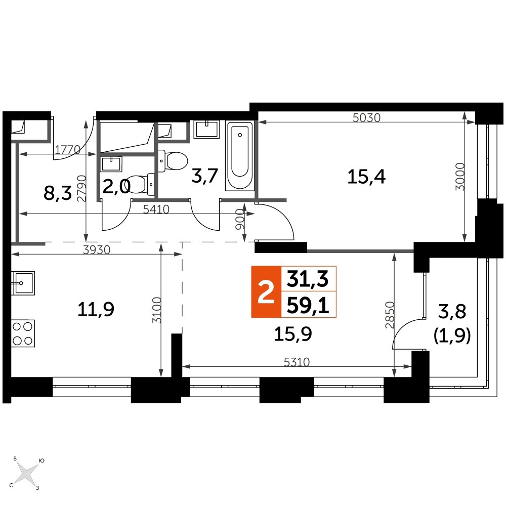 2-комнатная квартира с частичной отделкой, 59.1 м2, 7 этаж, дом сдан, ЖК Sydney City, корпус 2 - объявление 2323040 - фото №1