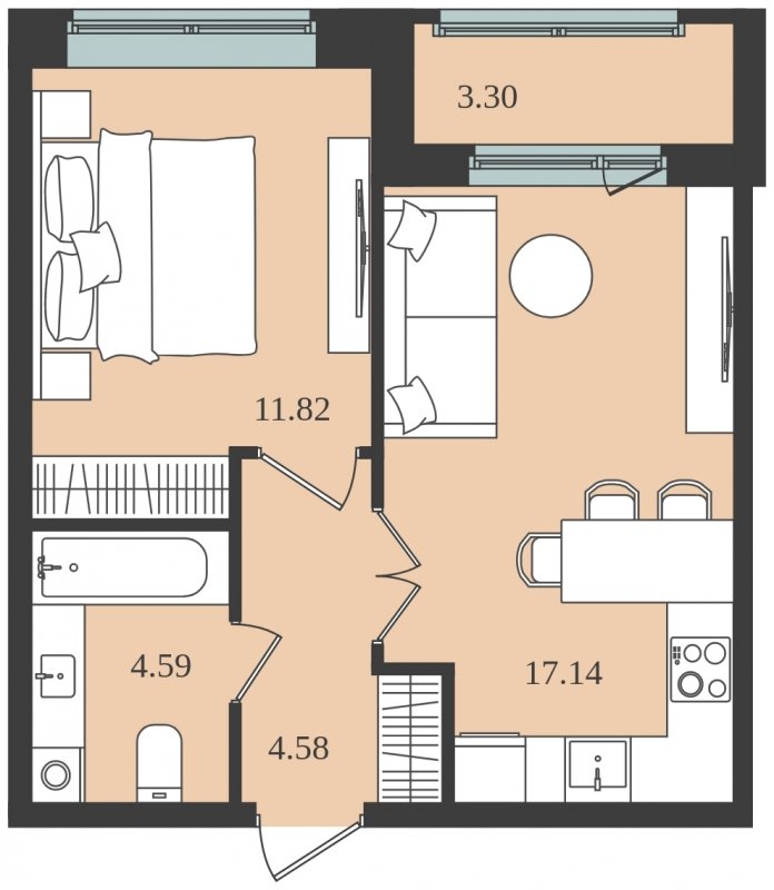 1-комнатная квартира без отделки, 39.78 м2, 1 этаж, сдача 1 квартал 2024 г., ЖК Мишино-2, корпус 9 - объявление 1812112 - фото №1