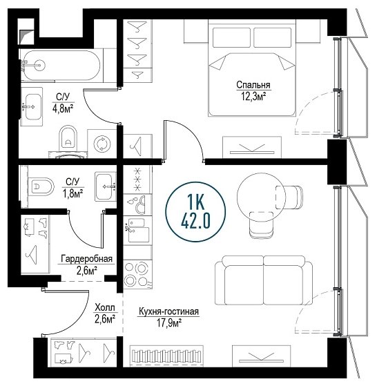 1-комнатная квартира с частичной отделкой, 42 м2, 14 этаж, сдача 3 квартал 2024 г., ЖК Метрополия, корпус Barcelona - объявление 1786709 - фото №1