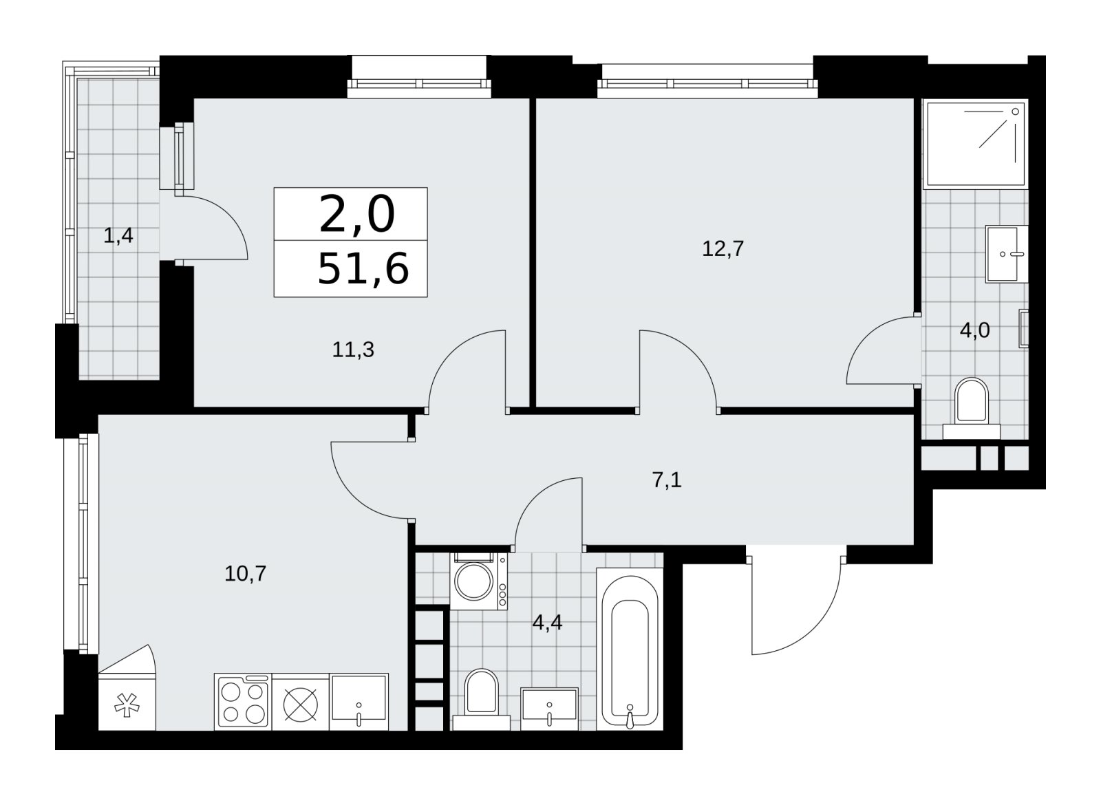 2-комнатная квартира без отделки, 51.6 м2, 6 этаж, сдача 1 квартал 2026 г., ЖК Дзен-кварталы, корпус 3.2 - объявление 2241200 - фото №1