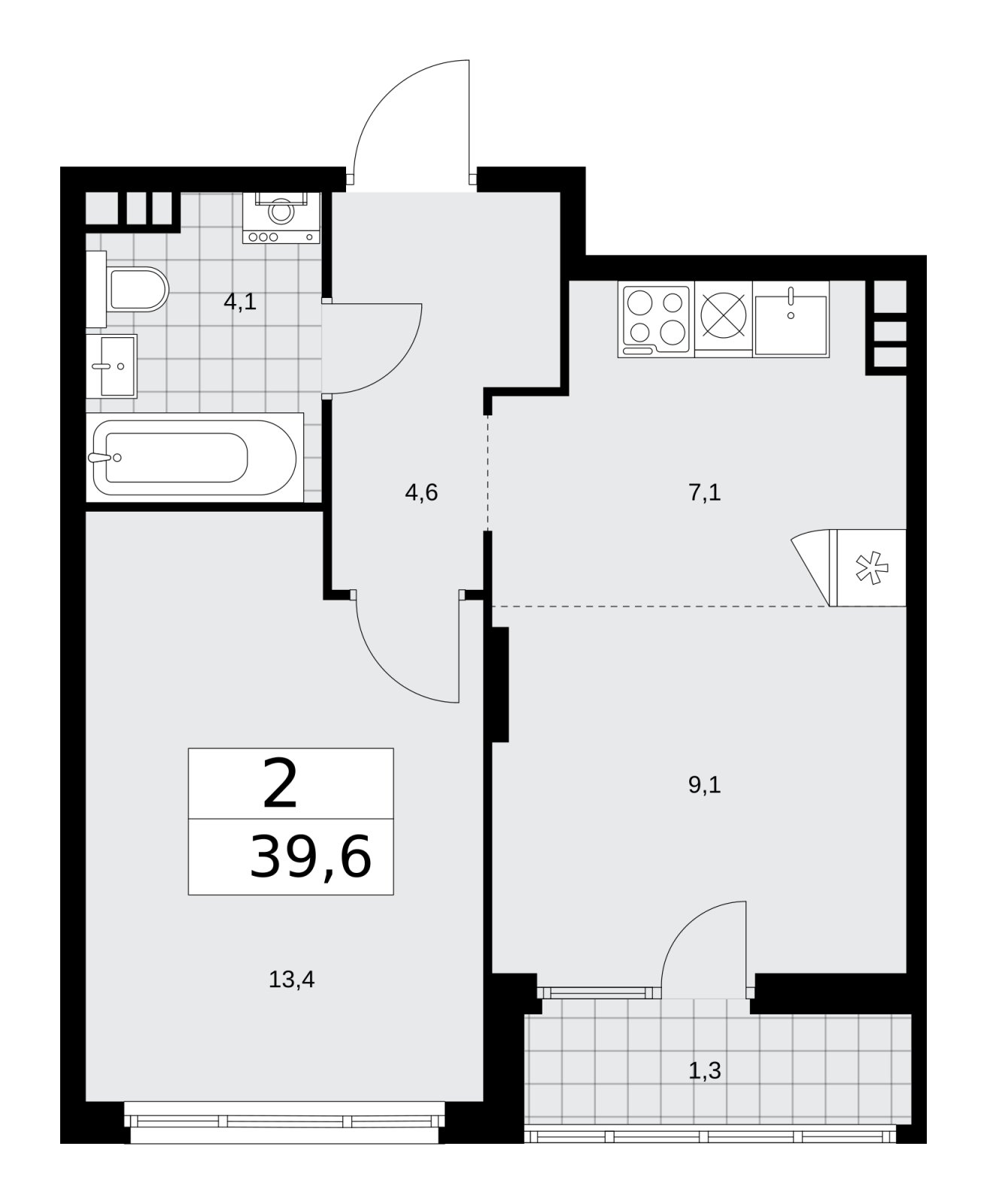 2-комнатная квартира (евро) с полной отделкой, 39.6 м2, 13 этаж, сдача 2 квартал 2026 г., ЖК Деснаречье, корпус 4.7 - объявление 2264813 - фото №1