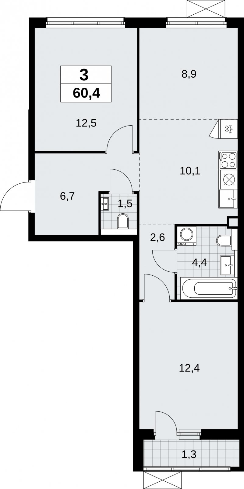 3-комнатная квартира (евро) без отделки, 60.4 м2, 2 этаж, сдача 2 квартал 2026 г., ЖК Бунинские кварталы, корпус 9.1 - объявление 2323949 - фото №1