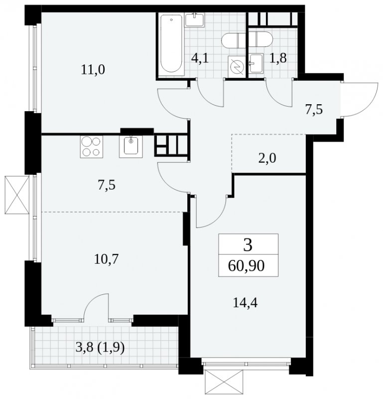 3-комнатная квартира (евро) без отделки, 60.9 м2, 14 этаж, сдача 4 квартал 2024 г., ЖК Скандинавия, корпус 2.27.2 - объявление 1840427 - фото №1