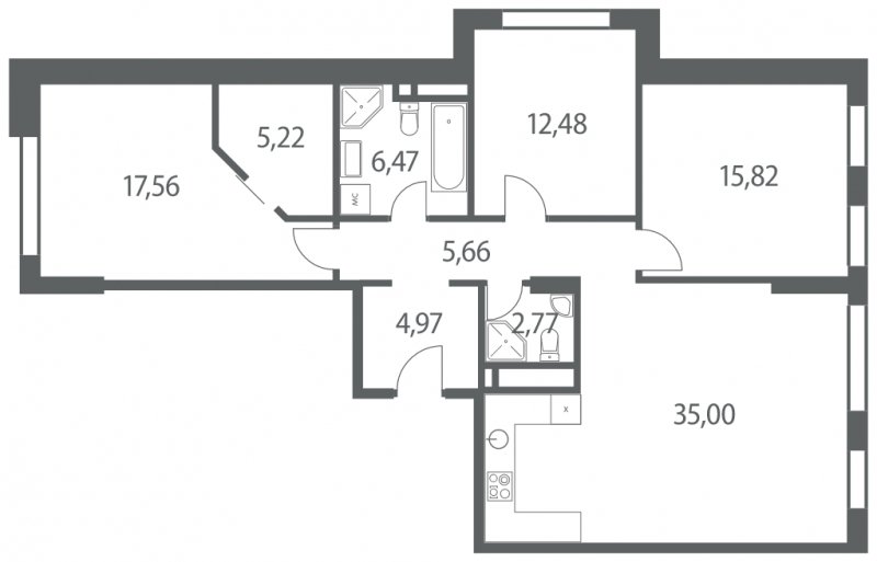 3-комнатная квартира без отделки, 105.95 м2, 4 этаж, дом сдан, ЖК Headliner, корпус 10 - объявление 1336656 - фото №1