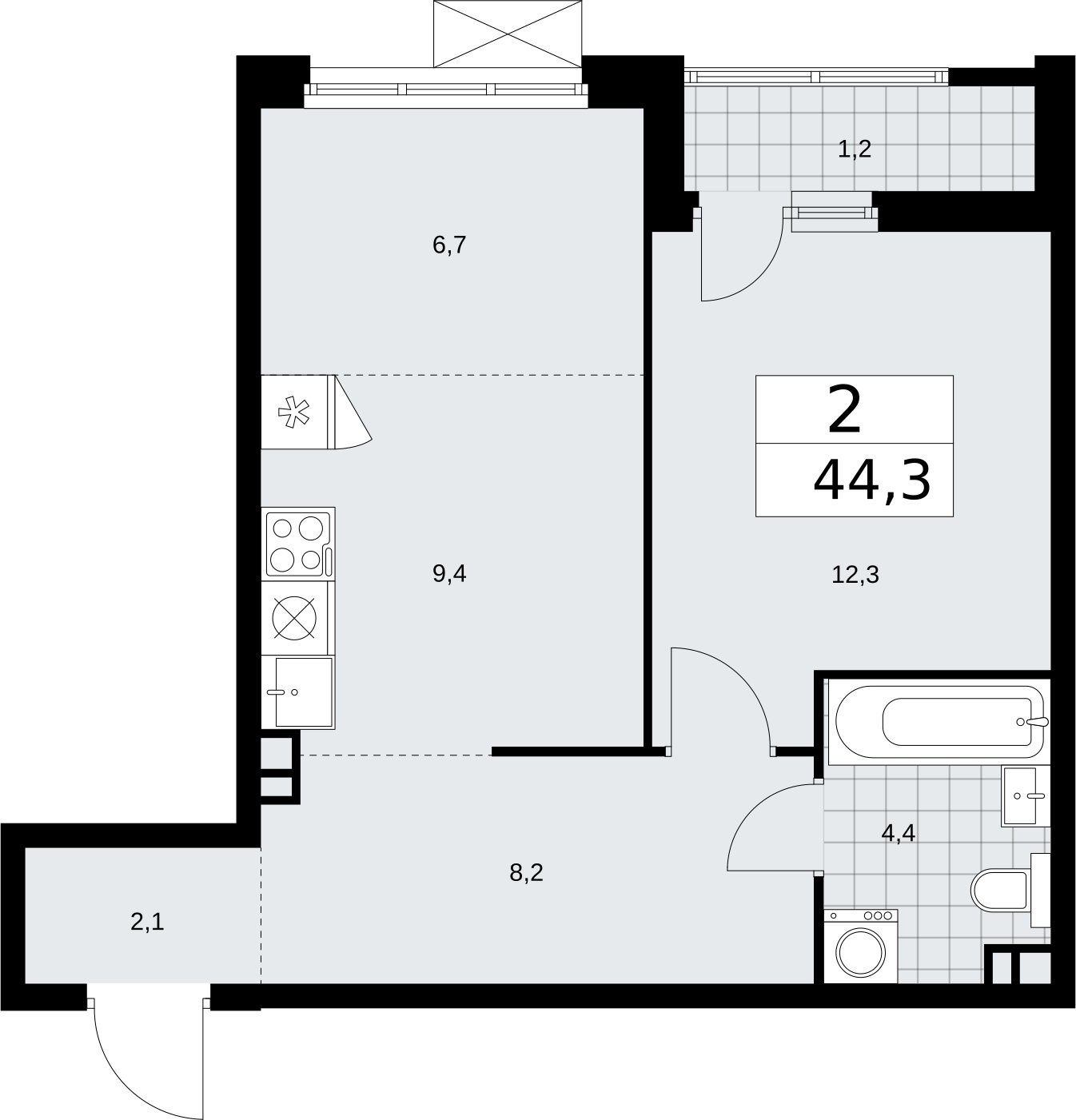 2-комнатная квартира (евро) с частичной отделкой, 44.3 м2, 3 этаж, сдача 2 квартал 2026 г., ЖК Бунинские кварталы, корпус 5.1 - объявление 2296999 - фото №1