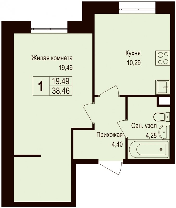 1-комнатная квартира без отделки, 38.46 м2, 1 этаж, дом сдан, ЖК Новая Щербинка, корпус 13 - объявление 1683335 - фото №1