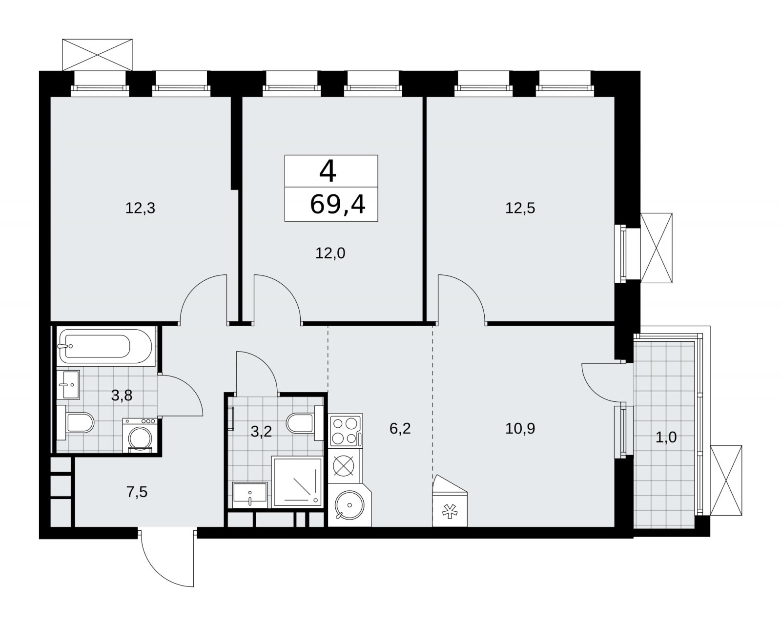 4-комнатная квартира (евро) с частичной отделкой, 69.4 м2, 8 этаж, сдача 2 квартал 2026 г., ЖК Скандинавия, корпус 25.1 - объявление 2283383 - фото №1