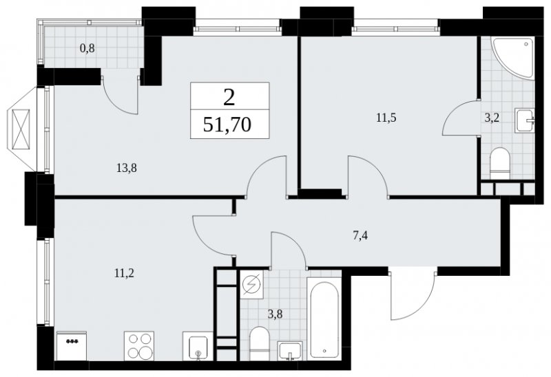 2-комнатная квартира с полной отделкой, 51.7 м2, 15 этаж, сдача 2 квартал 2025 г., ЖК Бунинские кварталы, корпус 1.2 - объявление 1834548 - фото №1