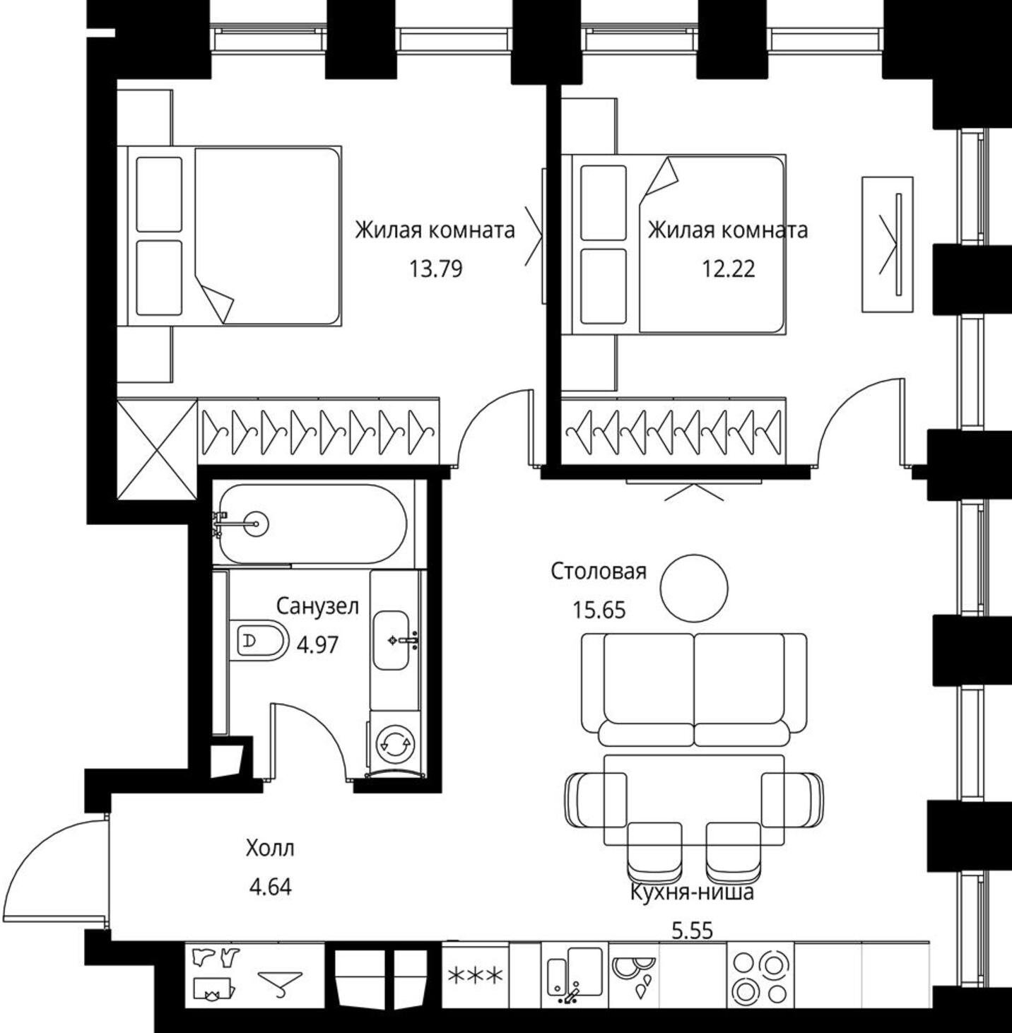 2-комнатная квартира с частичной отделкой, 56.82 м2, 3 этаж, сдача 3 квартал 2026 г., ЖК City Bay, корпус North Ocean 2 - объявление 2240446 - фото №1