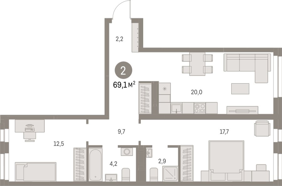2-комнатная квартира с частичной отделкой, 69.11 м2, 4 этаж, сдача 1 квартал 2025 г., ЖК Первый квартал, корпус Дом 5 - объявление 2281422 - фото №1
