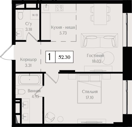 1-комнатная квартира без отделки, 52.3 м2, 13 этаж, сдача 3 квартал 2025 г., ЖК Преображенская площадь, корпус 3 - объявление 2404292 - фото №1