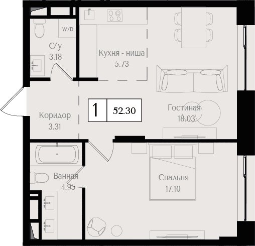 1-комнатная квартира без отделки, 52.3 м2, 17 этаж, сдача 3 квартал 2025 г., ЖК Преображенская площадь, корпус 3 - объявление 2404301 - фото №1