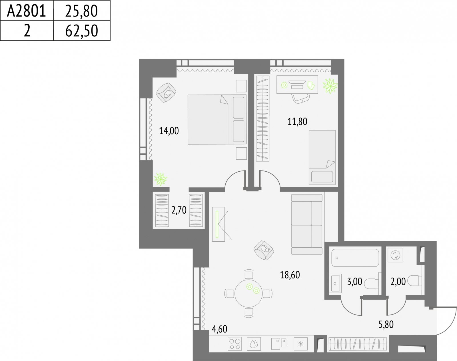 2-комнатная квартира без отделки, 62.5 м2, 30 этаж, сдача 2 квартал 2026 г., ЖК Upside Towers, корпус 1 - объявление 2082114 - фото №1