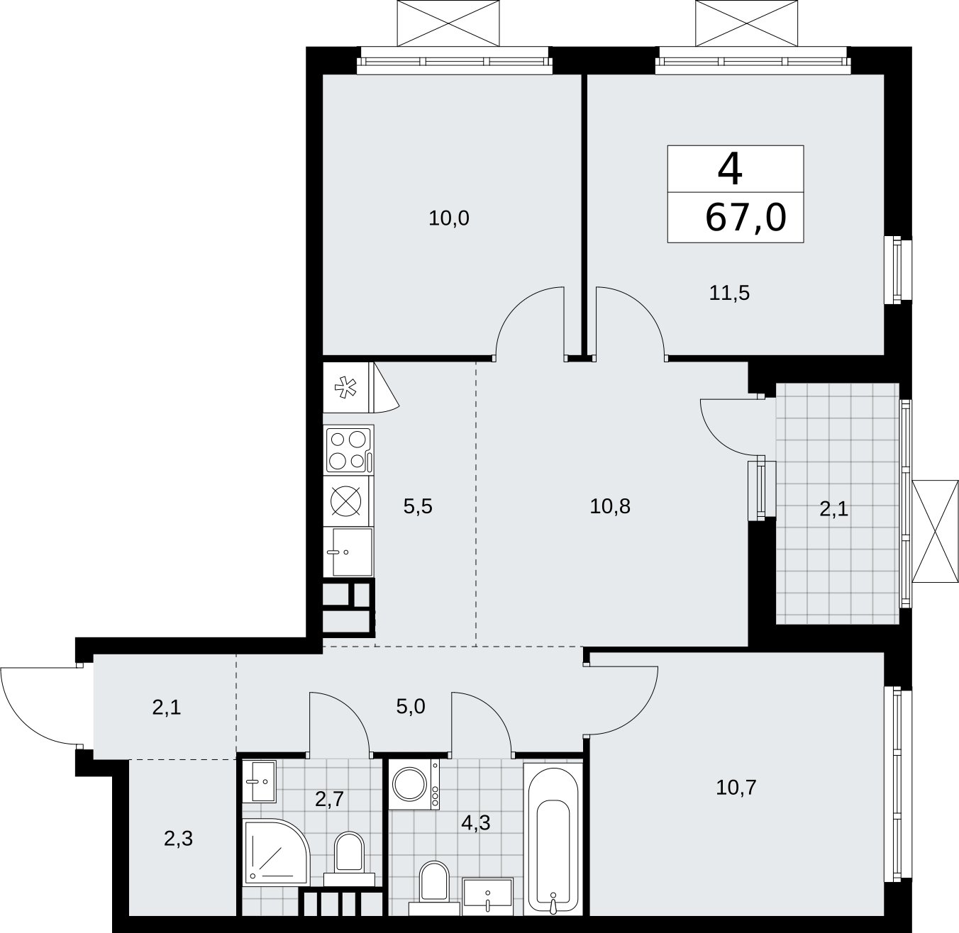 4-комнатная квартира (евро) без отделки, 67 м2, 9 этаж, сдача 2 квартал 2026 г., ЖК Бунинские кварталы, корпус 5.3 - объявление 2297563 - фото №1