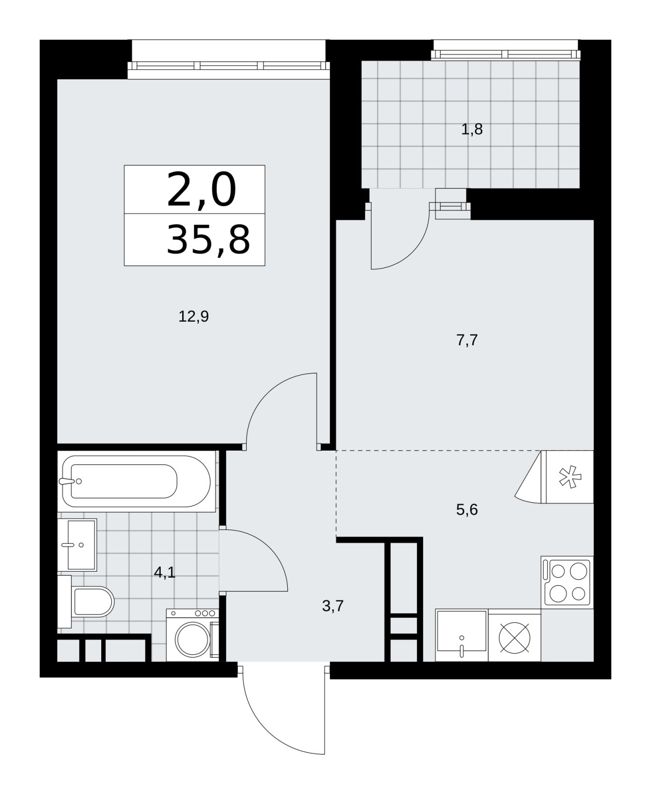 2-комнатная квартира (евро) с частичной отделкой, 35.8 м2, 12 этаж, сдача 2 квартал 2026 г., ЖК Дзен-кварталы, корпус 3.5 - объявление 2242501 - фото №1