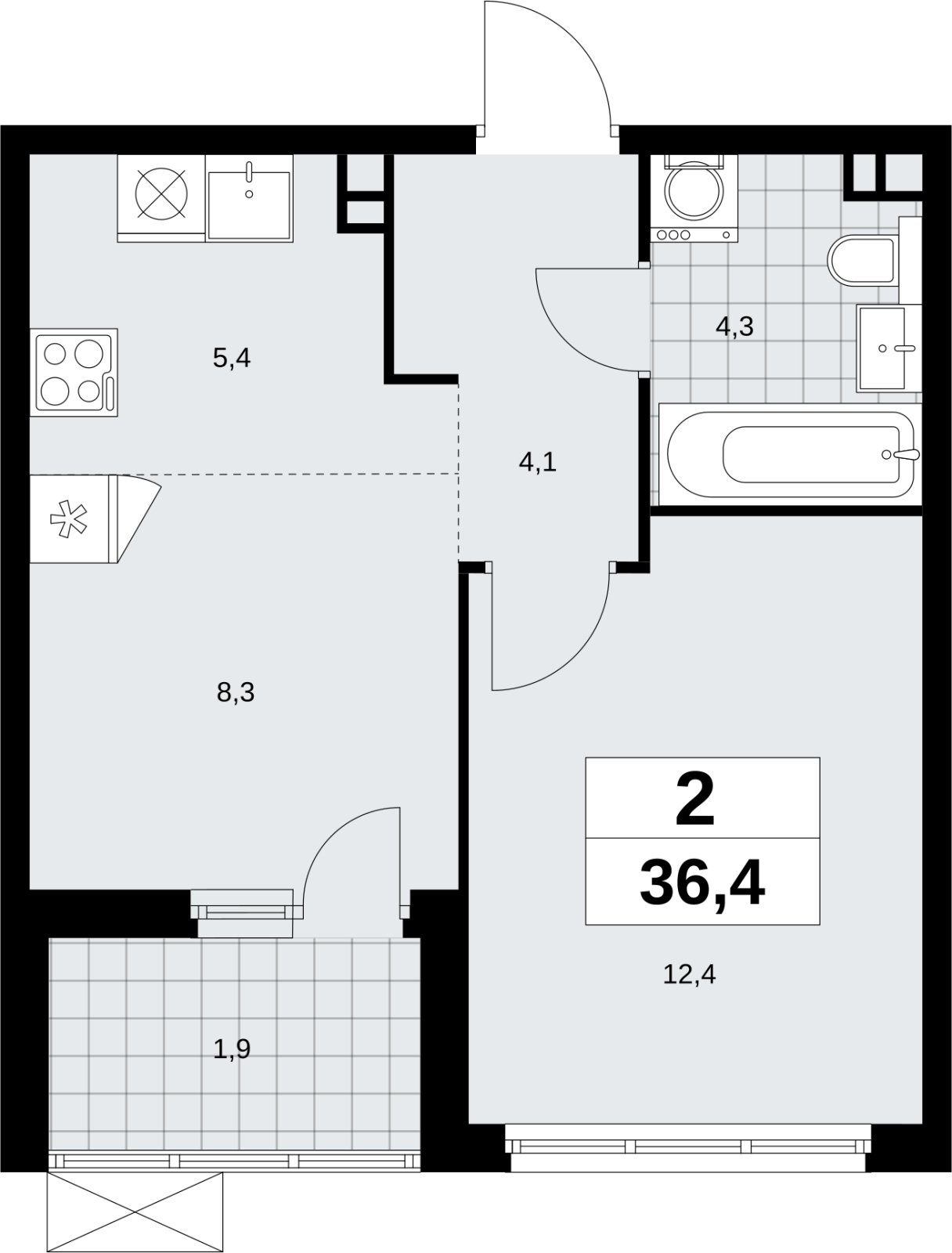 2-комнатная квартира (евро) без отделки, 36.4 м2, 3 этаж, сдача 4 квартал 2026 г., ЖК Скандинавия, корпус 2.18.1.4 - объявление 2350938 - фото №1