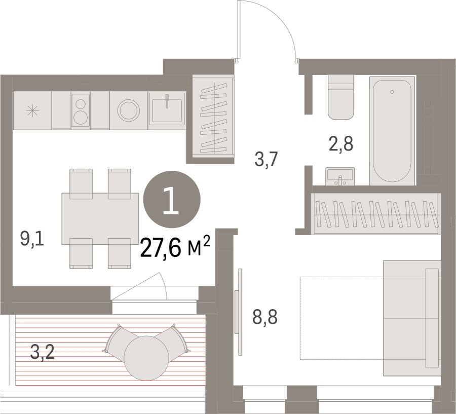 1-комнатная квартира с частичной отделкой, 27.61 м2, 5 этаж, сдача 1 квартал 2025 г., ЖК Первый квартал, корпус 5 - объявление 2346923 - фото №1