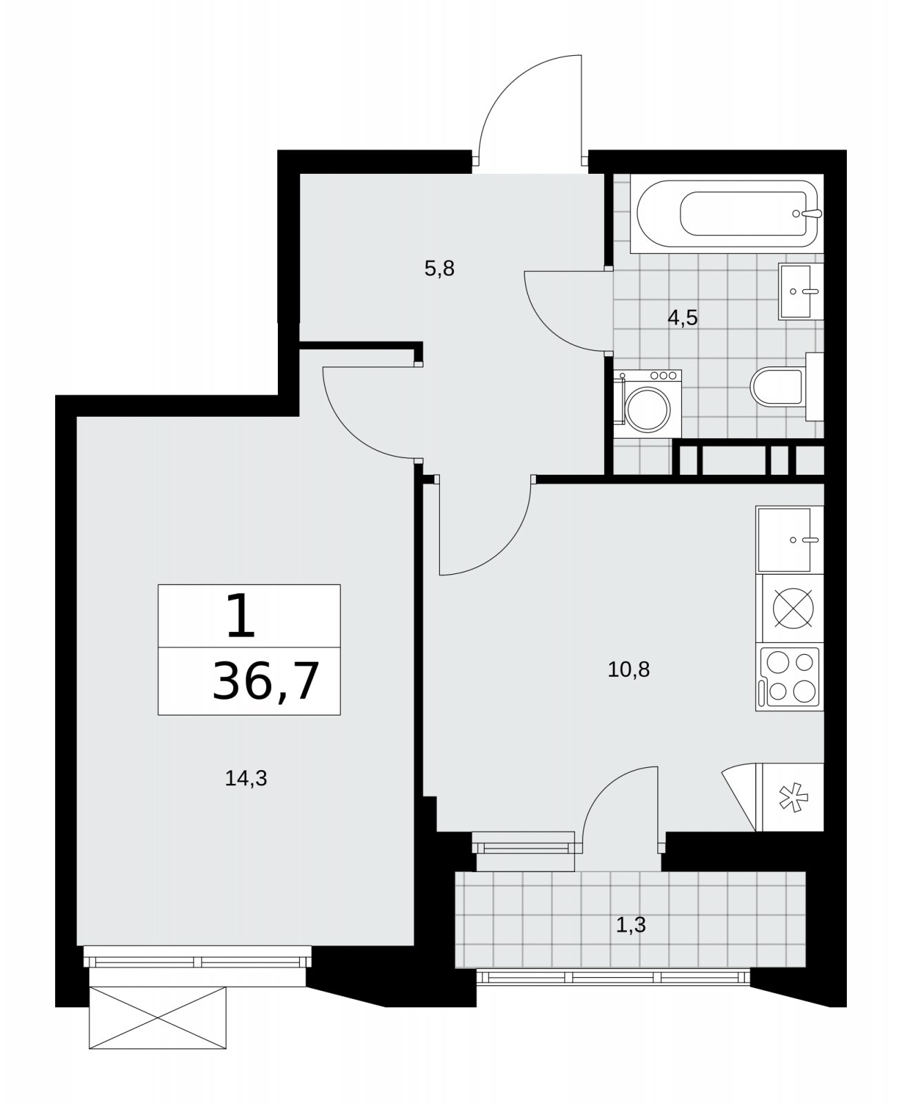 1-комнатная квартира без отделки, 36.7 м2, 5 этаж, сдача 4 квартал 2025 г., ЖК Бунинские кварталы, корпус 6.6 - объявление 2252963 - фото №1