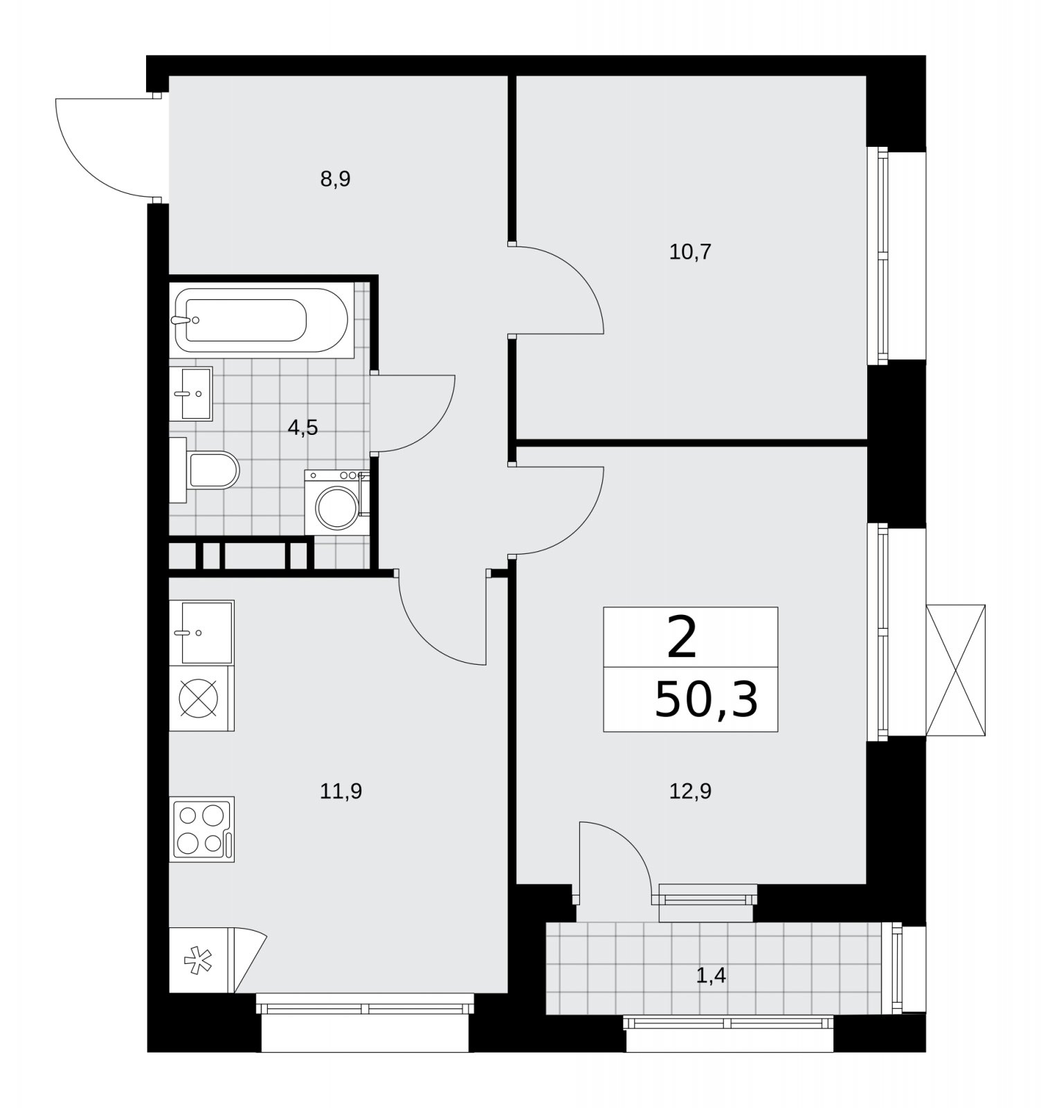 2-комнатная квартира без отделки, 50.3 м2, 5 этаж, сдача 4 квартал 2025 г., ЖК Бунинские кварталы, корпус 6.4 - объявление 2252721 - фото №1