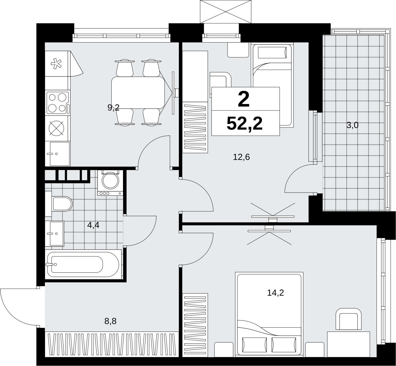 2-комнатная квартира без отделки, 52.2 м2, 8 этаж, сдача 4 квартал 2026 г., ЖК Скандинавия, корпус 2.18.2.6 - объявление 2351762 - фото №1