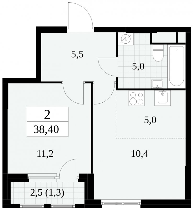 2-комнатная квартира (евро) без отделки, 38.4 м2, 5 этаж, сдача 2 квартал 2025 г., ЖК Южные сады, корпус 2.3 - объявление 1758305 - фото №1