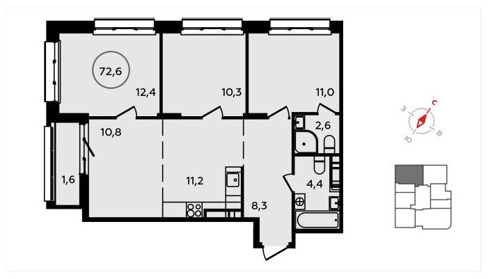 4-комнатная квартира (евро) без отделки, 72.6 м2, 12 этаж, сдача 3 квартал 2024 г., ЖК Скандинавия, корпус 2.22.1 - объявление 1625271 - фото №1