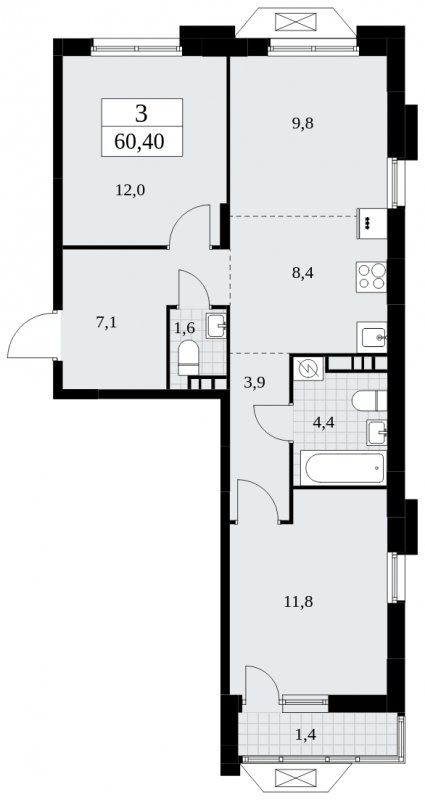 3-комнатная квартира (евро) без отделки, 60.4 м2, 4 этаж, сдача 1 квартал 2025 г., ЖК Бунинские кварталы, корпус 1.3 - объявление 1834571 - фото №1