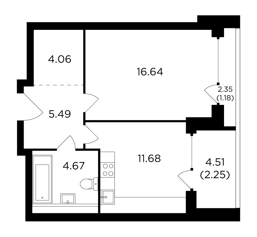 1-комнатная квартира без отделки, 45.97 м2, 26 этаж, дом сдан, ЖК RiverSky, корпус 7 - объявление 2127175 - фото №1