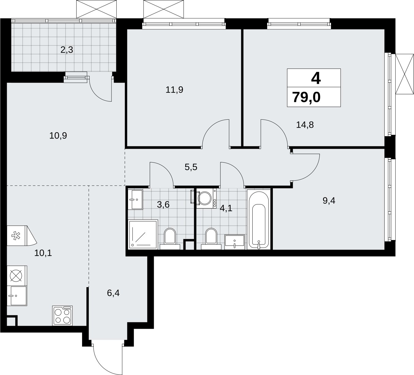 4-комнатная квартира (евро) без отделки, 79 м2, 2 этаж, сдача 4 квартал 2026 г., ЖК Скандинавия, корпус 2.18.1.2 - объявление 2350621 - фото №1