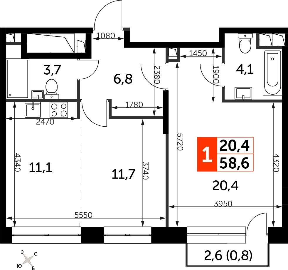 1-комнатная квартира с частичной отделкой, 58.6 м2, 15 этаж, сдача 3 квартал 2024 г., ЖК Sydney City, корпус 2.1 - объявление 2334829 - фото №1