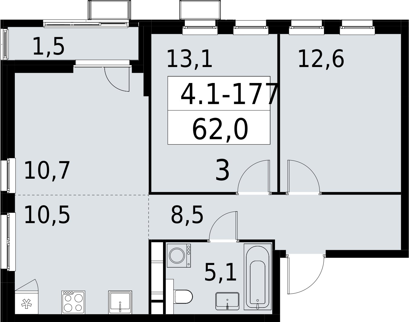 3-комнатная квартира (евро) с полной отделкой, 62 м2, 8 этаж, сдача 2 квартал 2027 г., ЖК Южные сады, корпус 4.1.2 - объявление 2392706 - фото №1