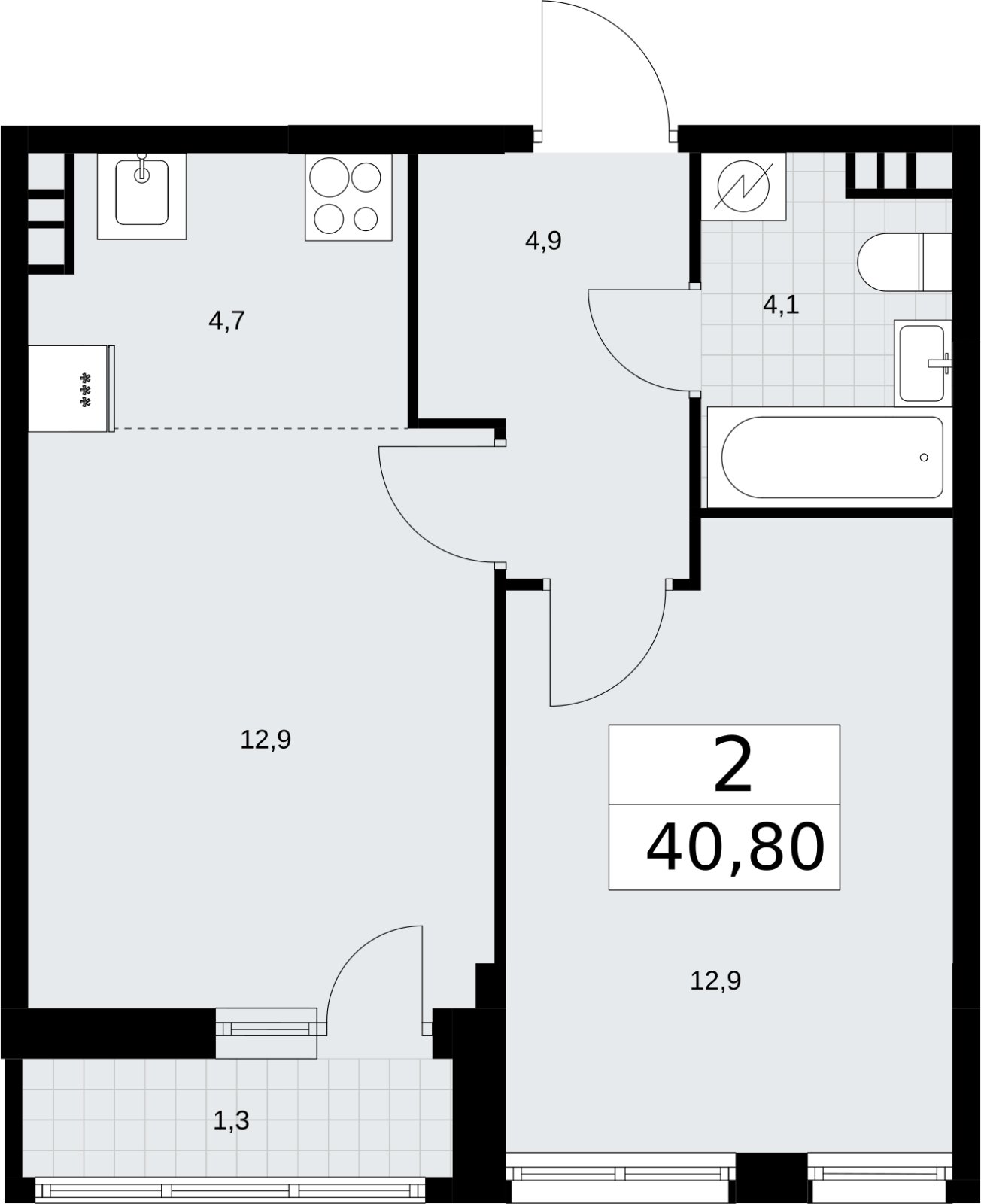 2-комнатная квартира (евро) без отделки, 40.8 м2, 4 этаж, сдача 3 квартал 2026 г., ЖК Родные кварталы, корпус 3.1 - объявление 2378232 - фото №1