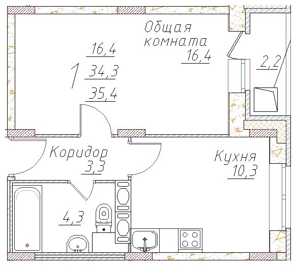 1-комнатная квартира без отделки, 35.4 м2, 13 этаж, сдача 4 квартал 2022 г., ЖК Полет Купавна, корпус 1 - объявление 1713885 - фото №1
