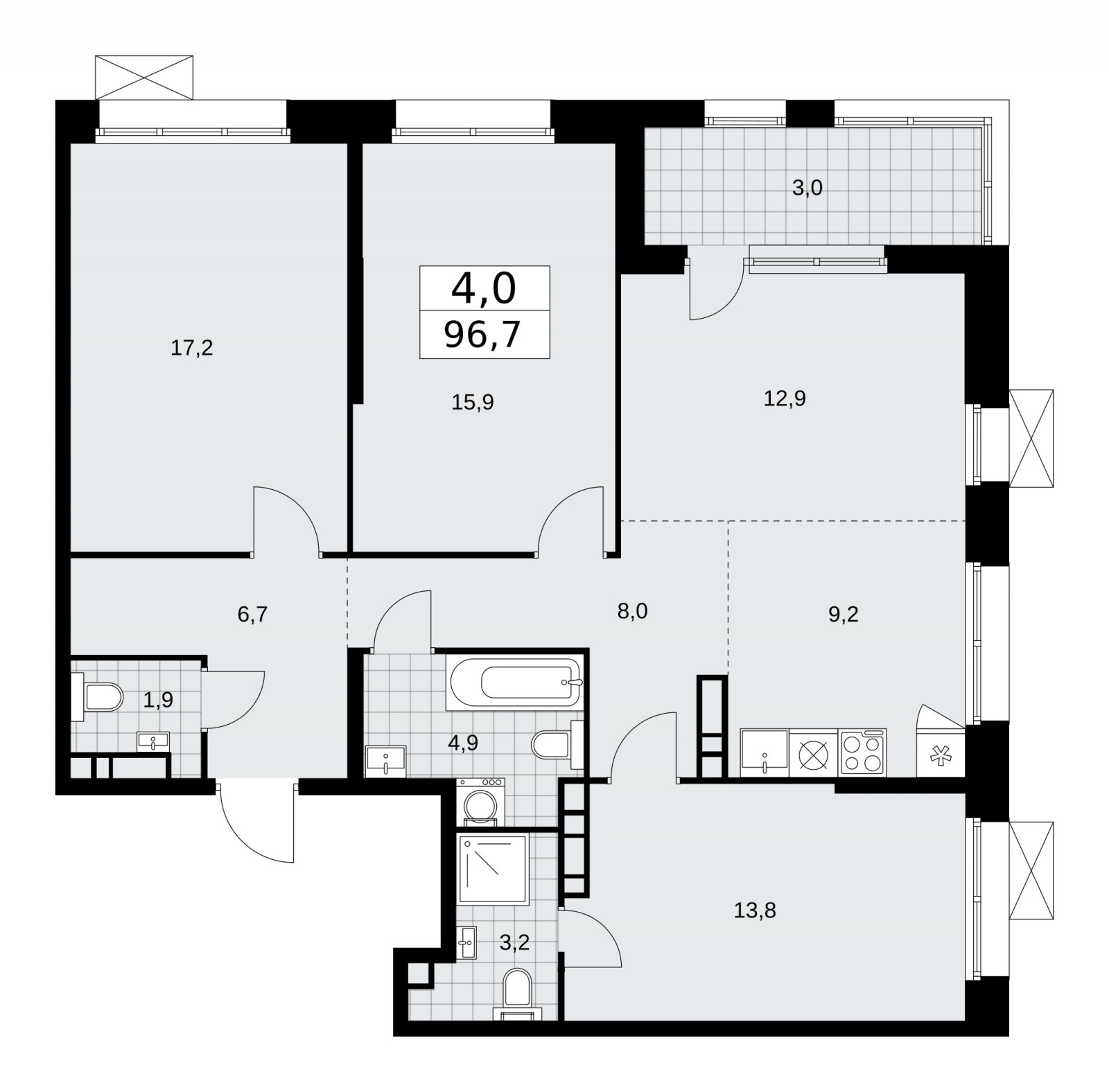 4-комнатная квартира (евро) с частичной отделкой, 96.7 м2, 18 этаж, сдача 1 квартал 2026 г., ЖК Бунинские кварталы, корпус 6.1 - объявление 2252509 - фото №1