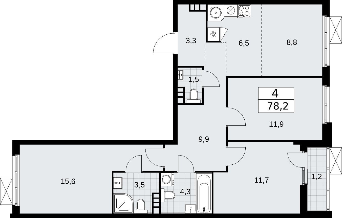 4-комнатная квартира (евро) без отделки, 78.2 м2, 5 этаж, сдача 2 квартал 2026 г., ЖК Бунинские кварталы, корпус 5.4 - объявление 2297786 - фото №1