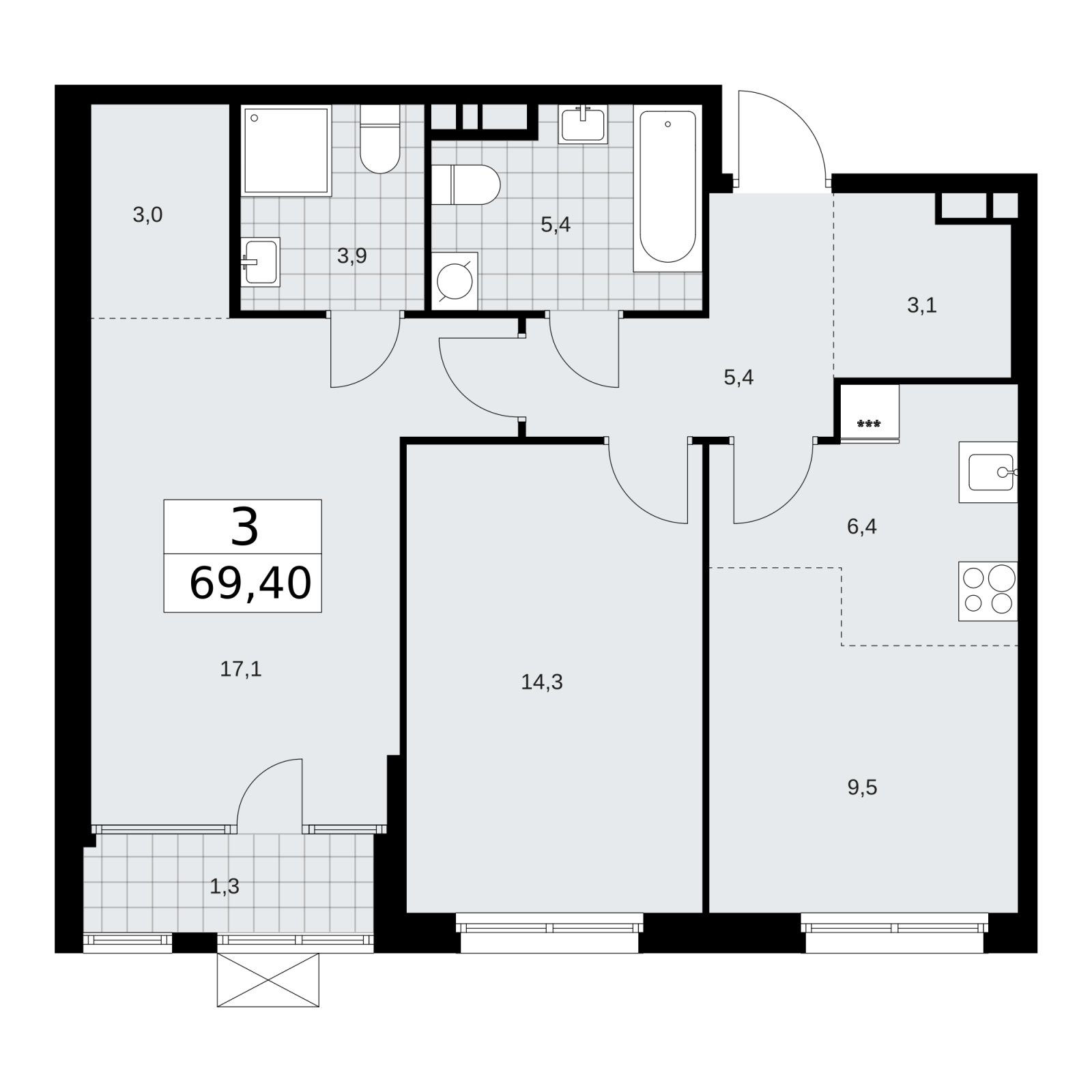 3-комнатная квартира (евро) с частичной отделкой, 69.4 м2, 10 этаж, сдача 1 квартал 2026 г., ЖК Дом на Зорге, корпус 25 - объявление 2221206 - фото №1