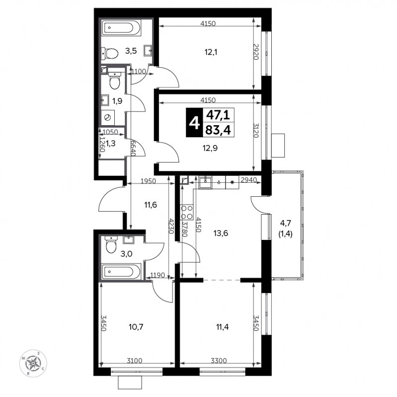 4-комнатная квартира с частичной отделкой, 83.4 м2, 8 этаж, сдача 3 квартал 2023 г., ЖК Южная Битца, корпус 11 - объявление 1947832 - фото №1