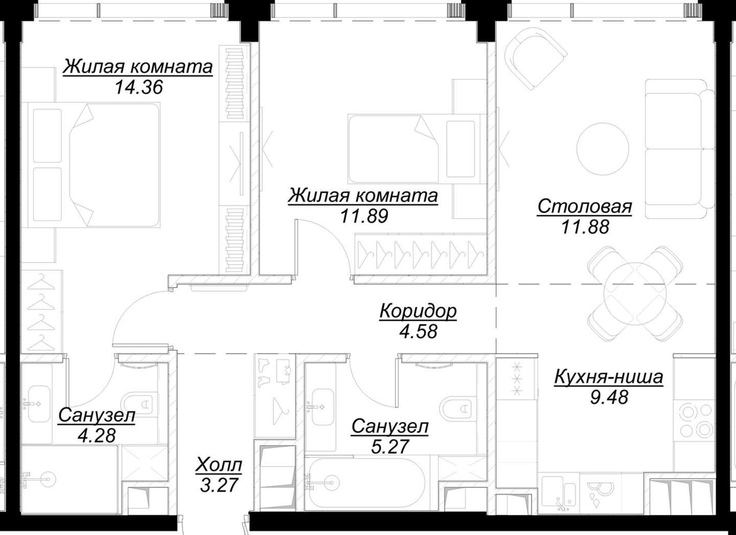 2-комнатная квартира с частичной отделкой, 64.86 м2, 48 этаж, сдача 4 квартал 2024 г., ЖК MOD, корпус Mann - объявление 2332062 - фото №1