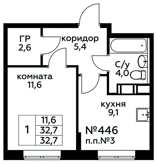 1-комнатная квартира с полной отделкой, 32.7 м2, 4 этаж, сдача 3 квартал 2024 г., ЖК Цветочные Поляны, корпус 6 - объявление 1942450 - фото №1