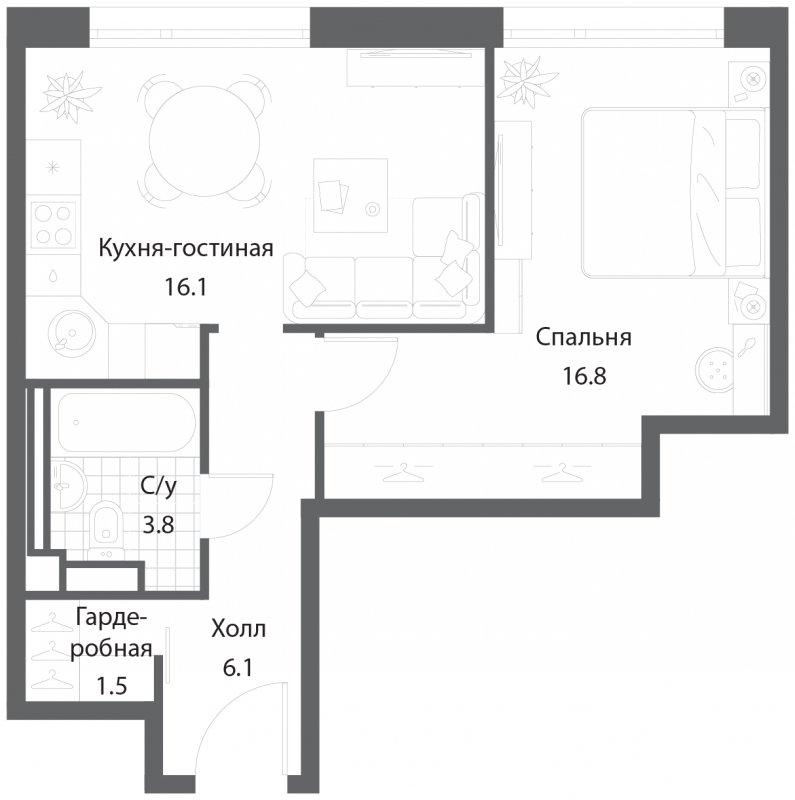 1-комнатная квартира без отделки, 44.3 м2, 25 этаж, сдача 3 квартал 2025 г., ЖК Nagatino i-Land, корпус 2 (3 очередь) - объявление 1830523 - фото №1