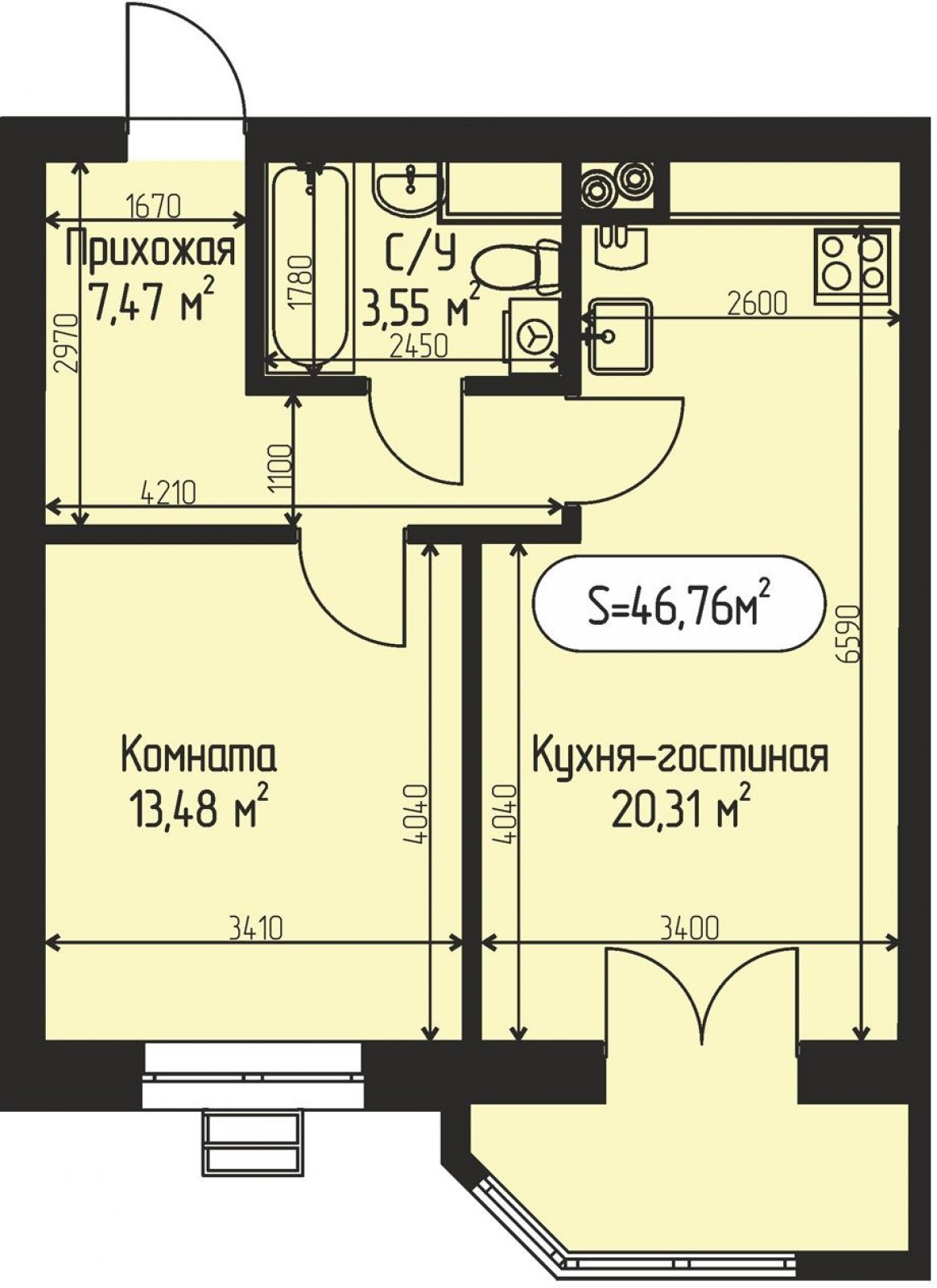 1-комнатная квартира с частичной отделкой, 46.76 м2, 1 этаж, сдача 4 квартал 2026 г., ЖК Мечта, квартал Дружба, корпус 3 - объявление 2408542 - фото №1