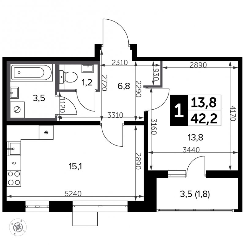 1-комнатная квартира с частичной отделкой, 42.2 м2, 18 этаж, сдача 3 квартал 2023 г., ЖК Южная Битца, корпус 11 - объявление 1972911 - фото №1