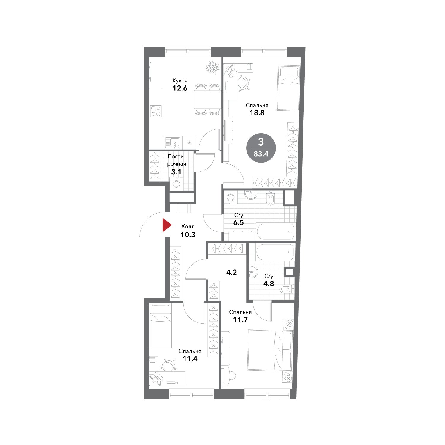 3-комнатная квартира без отделки, 83.4 м2, 2 этаж, сдача 3 квартал 2025 г., ЖК VOXHALL, корпус 2 - объявление 1983942 - фото №1
