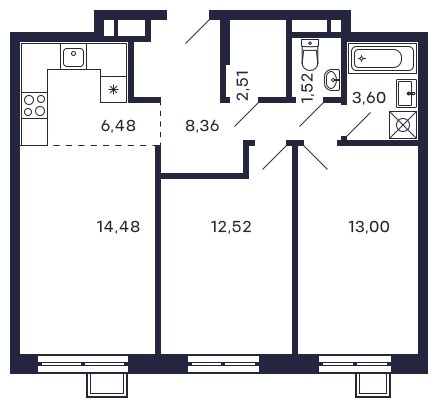 2-комнатная квартира без отделки, 62.47 м2, 18 этаж, сдача 2 квартал 2025 г., ЖК Квартал Тетрис, корпус "Квартал Тетрис 2.1" - объявление 2282587 - фото №1