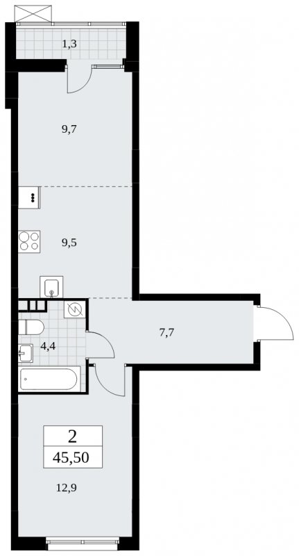 2-комнатная квартира (евро) без отделки, 45.5 м2, 3 этаж, сдача 2 квартал 2025 г., ЖК Дзен-кварталы, корпус 2.4 - объявление 1932782 - фото №1